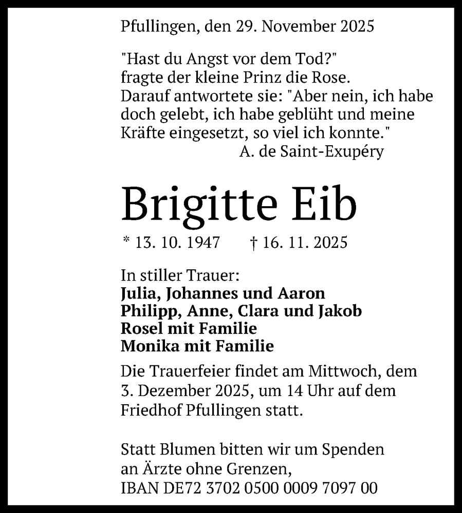  Traueranzeige für Brigitte Eib vom 29.11.2025 aus Reutlinger General-Anzeiger