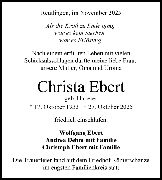 Anzeige von Christa Ebert von Reutlinger General-Anzeiger