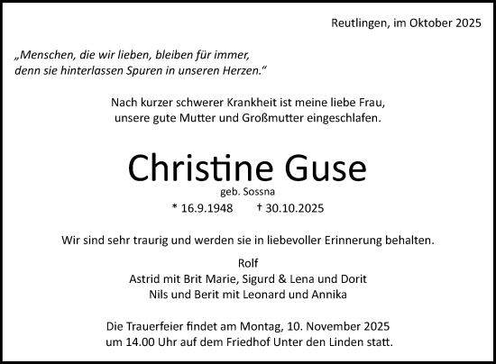 Anzeige von Christine Guse von Reutlinger General-Anzeiger