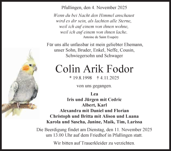Anzeige von Colin Arik Fodor von Reutlinger General-Anzeiger