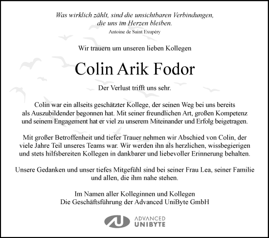 Anzeige von Colin Arik Fodor von Reutlinger General-Anzeiger