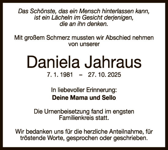 Anzeige von Daniela Jahraus von Reutlinger General-Anzeiger