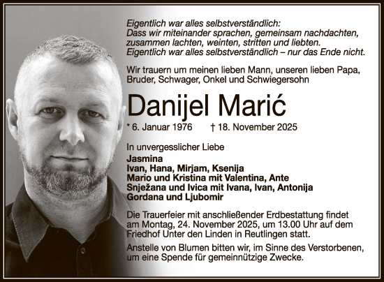 Anzeige von Danijel Maric von Reutlinger General-Anzeiger