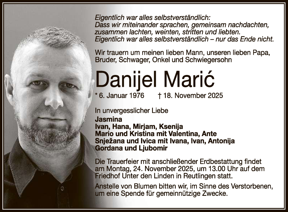  Traueranzeige für Danijel Maric vom 22.11.2025 aus Reutlinger General-Anzeiger