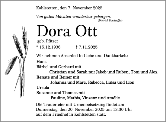 Anzeige von Dora Ott von Reutlinger General-Anzeiger