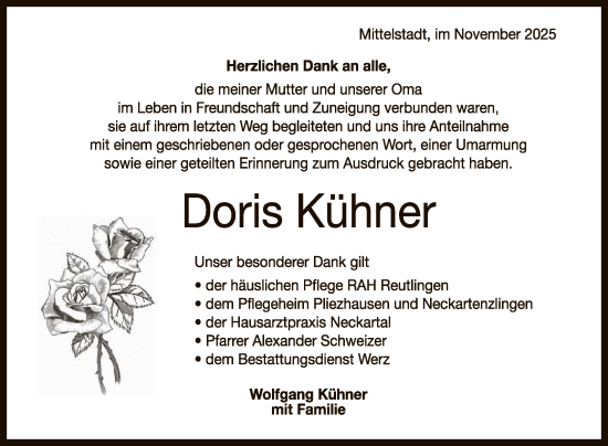 Anzeige von Doris Kühner von Reutlinger General-Anzeiger