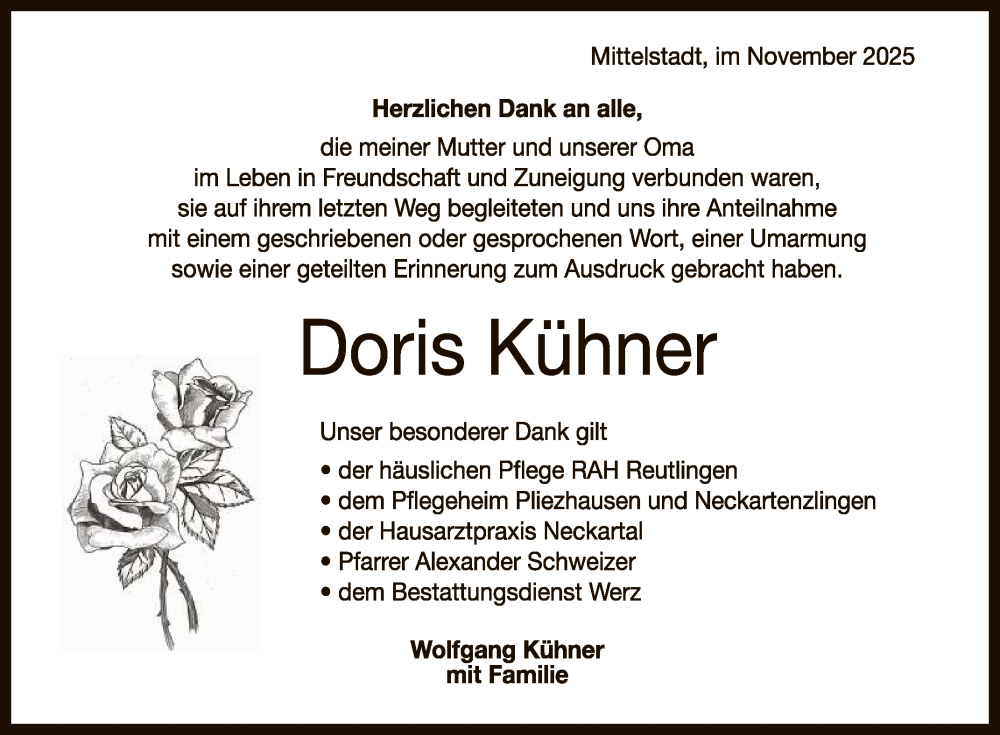  Traueranzeige für Doris Kühner vom 15.11.2025 aus Reutlinger General-Anzeiger