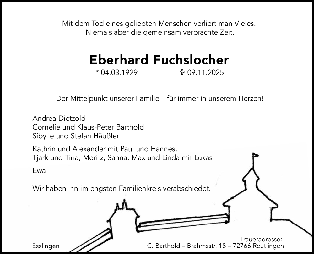 Traueranzeige für Eberhard Fuchslocher vom 22.11.2025 aus Reutlinger General-Anzeiger