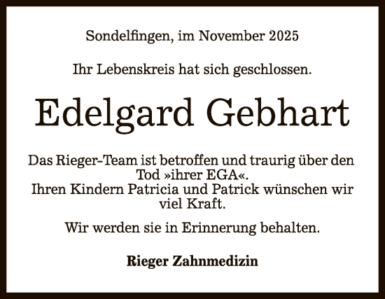 Anzeige von Edelgard Gebhart von Reutlinger General-Anzeiger