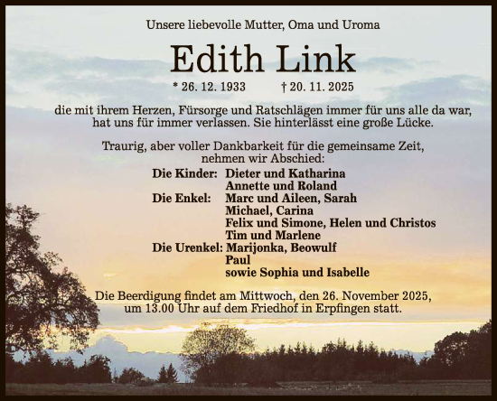 Anzeige von Edith Link von Reutlinger General-Anzeiger