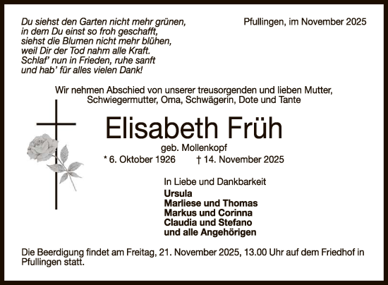 Anzeige von Elisabeth Früh von Reutlinger General-Anzeiger