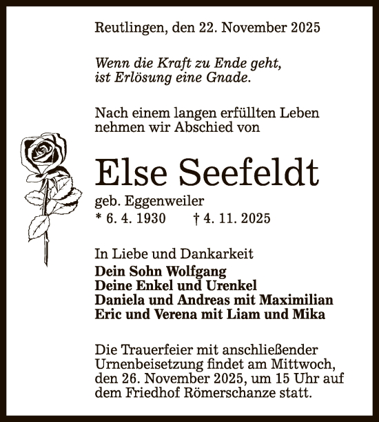 Anzeige von Else Seefeldt von Reutlinger General-Anzeiger