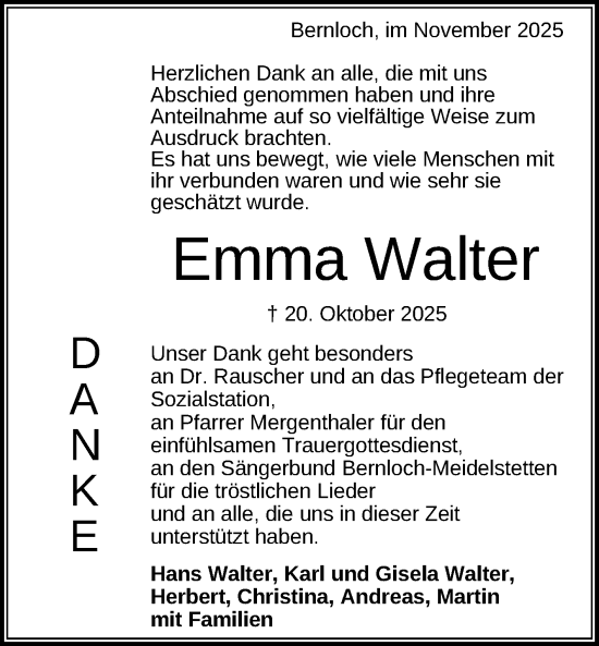 Anzeige von Emma Walter von Reutlinger General-Anzeiger