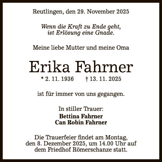 Anzeige von Erika Fahrner von Reutlinger General-Anzeiger