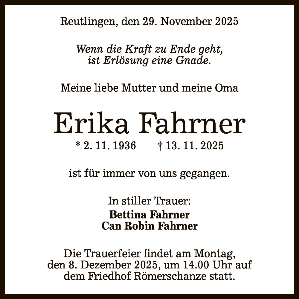  Traueranzeige für Erika Fahrner vom 29.11.2025 aus Reutlinger General-Anzeiger