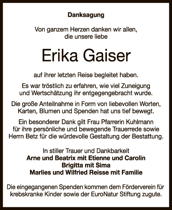 Anzeige von Erika Gaiser von Reutlinger General-Anzeiger
