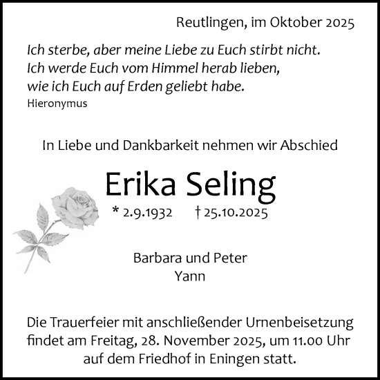 Anzeige von Erika Seling von Reutlinger General-Anzeiger