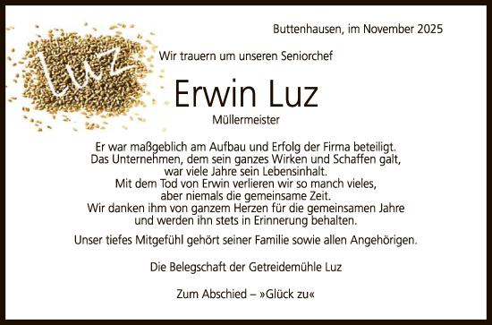 Anzeige von Erwin Luz von Reutlinger General-Anzeiger