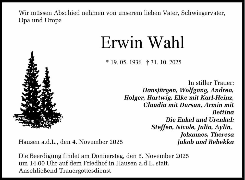  Traueranzeige für Erwin Wahl vom 04.11.2025 aus Reutlinger General-Anzeiger