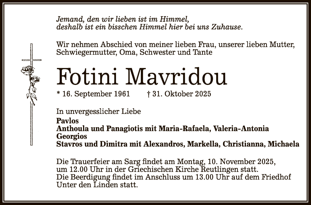  Traueranzeige für Fotini Mavridou vom 04.11.2025 aus Reutlinger General-Anzeiger