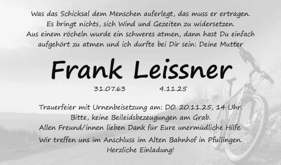 Anzeige von Frank Leissner von Reutlinger General-Anzeiger