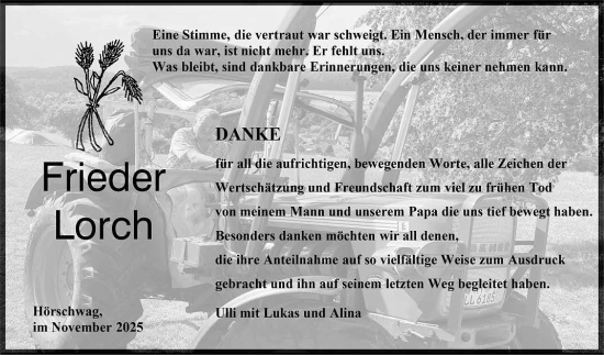 Anzeige von Frieder Lorch von Reutlinger General-Anzeiger