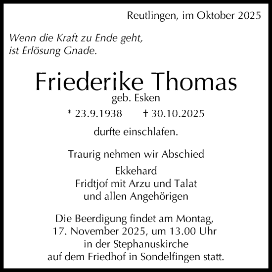 Anzeige von Friederike Thomas von Reutlinger General-Anzeiger