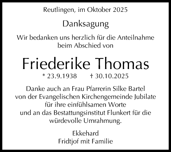 Anzeige von Friederike Thomas von Reutlinger General-Anzeiger