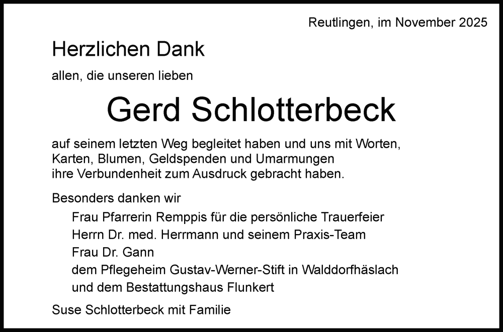  Traueranzeige für Gerd Schlotterbeck vom 15.11.2025 aus Reutlinger General-Anzeiger