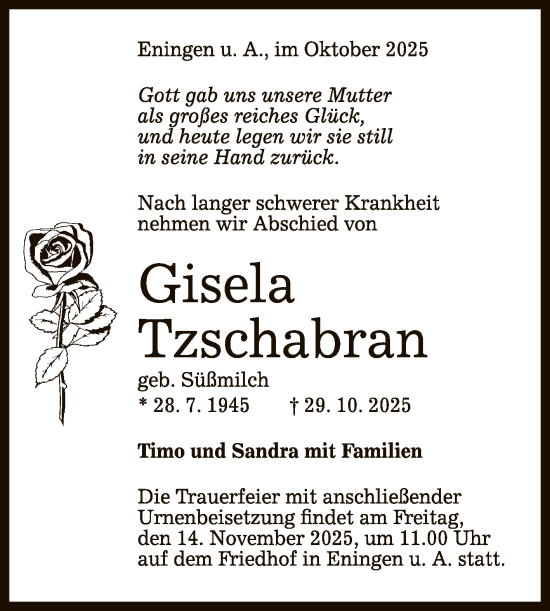 Anzeige von Gisela Tzschabran von Reutlinger General-Anzeiger