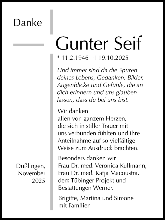 Anzeige von Gunter Seif von Reutlinger General-Anzeiger