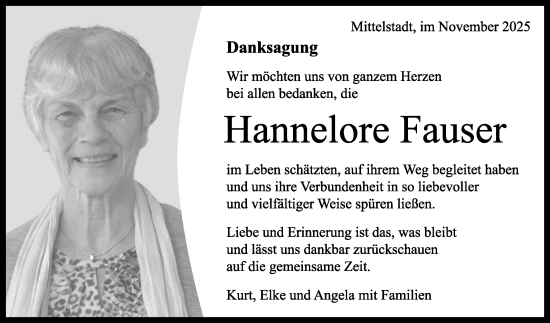 Anzeige von Hannelore Fauser von Reutlinger General-Anzeiger