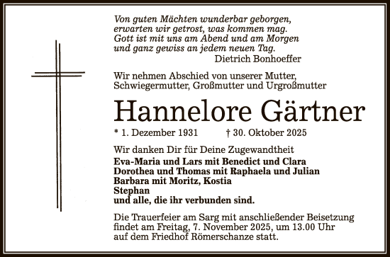Anzeige von Hannelore Gärtner von Reutlinger General-Anzeiger
