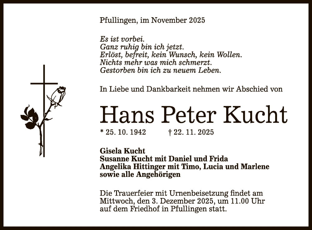  Traueranzeige für Hans Peter Kucht vom 29.11.2025 aus Reutlinger General-Anzeiger