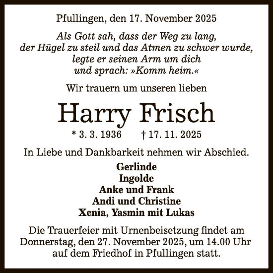 Anzeige von Harry Frisch von Reutlinger General-Anzeiger