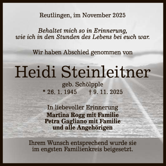 Anzeige von Heidi Steinleitner von Reutlinger General-Anzeiger