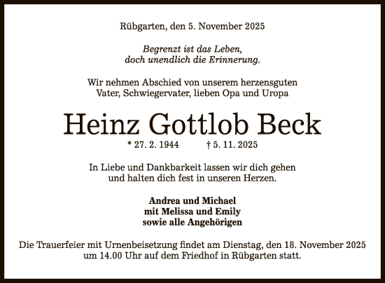 Anzeige von Heinz Gottlob Beck von Reutlinger General-Anzeiger