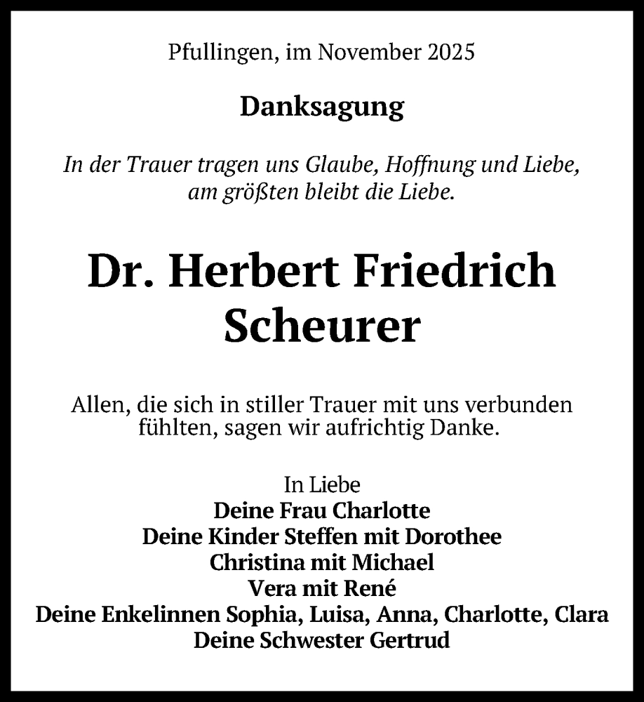 Traueranzeige für Herbert Friedrich Scheurer vom 15.11.2025 aus Reutlinger General-Anzeiger