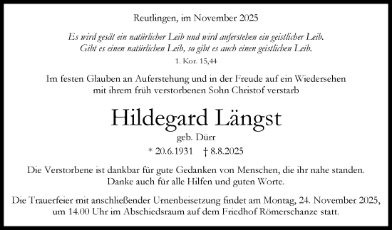 Anzeige von Hildegard Längst von Reutlinger General-Anzeiger