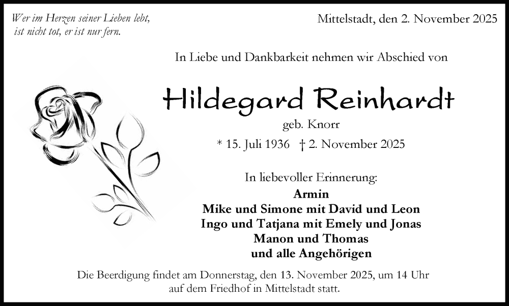  Traueranzeige für Hildegard Reinhardt vom 08.11.2025 aus Reutlinger General-Anzeiger