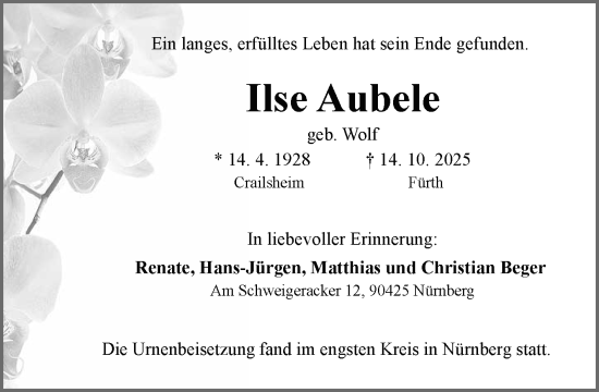 Anzeige von Ilse Aubele von Reutlinger General-Anzeiger