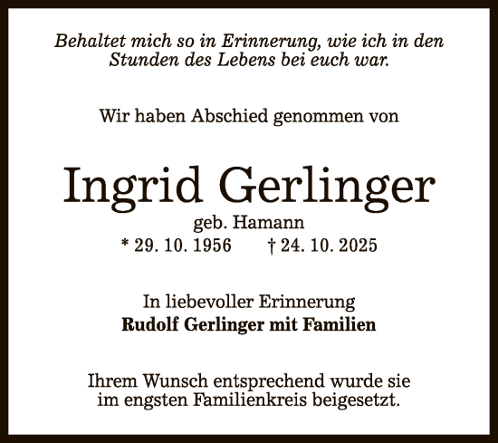 Anzeige von Ingrid Gerlinger von Reutlinger General-Anzeiger