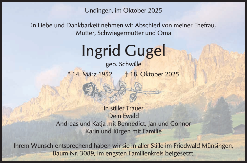  Traueranzeige für Ingrid Gugel vom 22.11.2025 aus Reutlinger General-Anzeiger