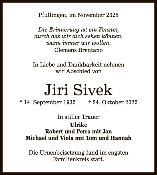 Anzeige von Jiri Sivek von Reutlinger General-Anzeiger