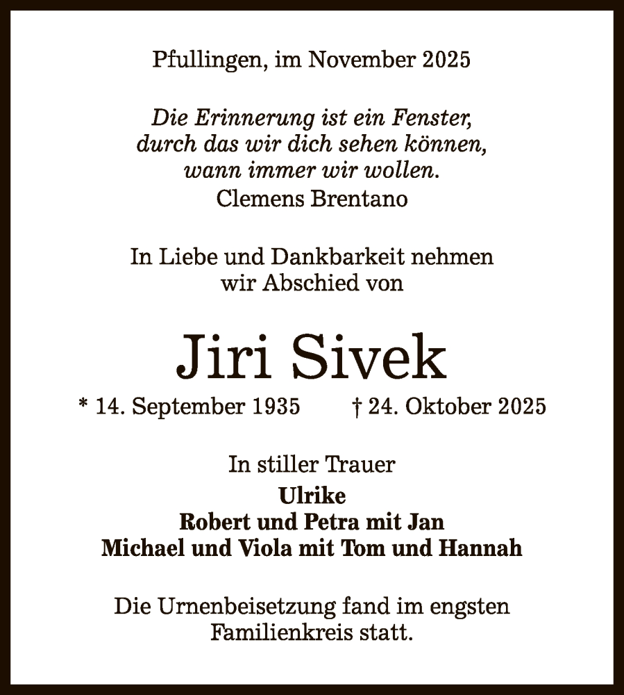  Traueranzeige für Jiri Sivek vom 15.11.2025 aus Reutlinger General-Anzeiger