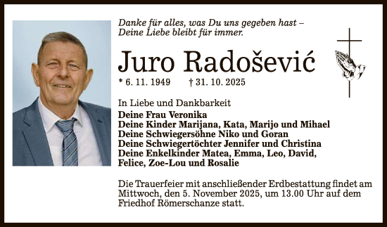 Anzeige von Juro Radosevic von Reutlinger General-Anzeiger