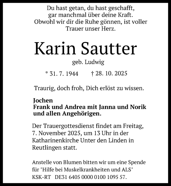 Anzeige von Karin Sautter von Reutlinger General-Anzeiger