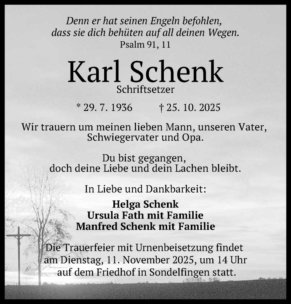  Traueranzeige für Karl Schenk vom 06.11.2025 aus Reutlinger General-Anzeiger