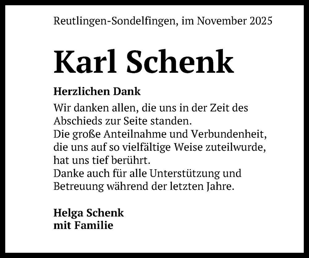  Traueranzeige für Karl Schenk vom 25.11.2025 aus Reutlinger General-Anzeiger