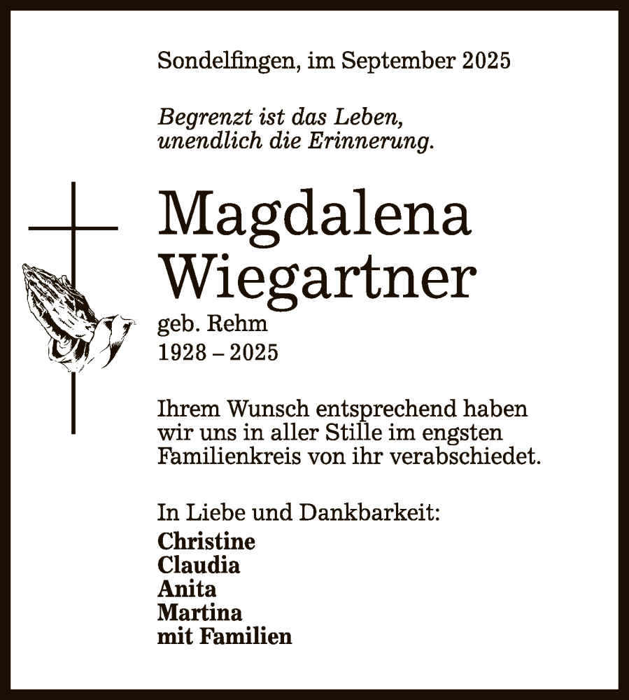  Traueranzeige für Magdalena Wiegartner vom 08.11.2025 aus Reutlinger General-Anzeiger